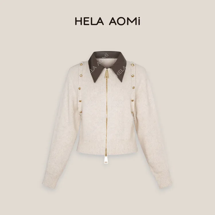 HELAAOMI“黑金系列”拼皮纽扣皮领拼接双拉链外套上衣CY4DX31038