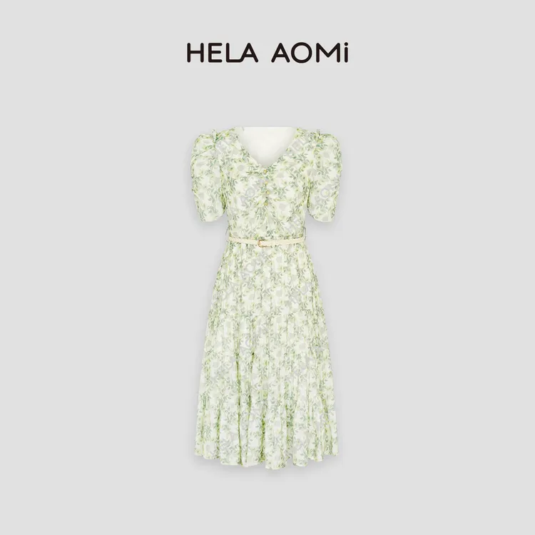HELA AOMI “春日漫柳”复古碎花V领法式桔梗裙连衣裙CY4AX72035