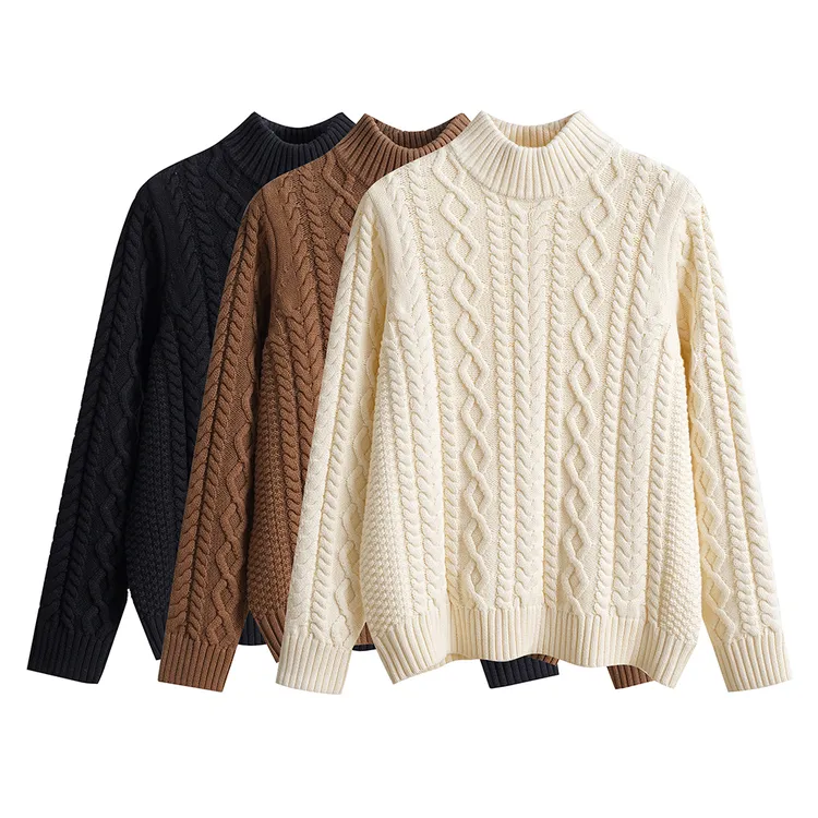 100%纯棉半高领毛衣女粗针秋冬复古麻花全棉线加厚内搭针织打底衫