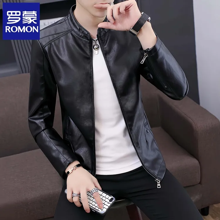 Romon/罗蒙皮衣男士春秋冬季新款休闲立领皮夹克加绒厚外套帅气潮