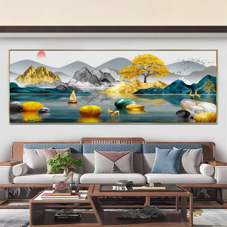 金山客厅沙发背景装饰画新中式山水玄关挂画横款晶瓷壁画白墙壁画