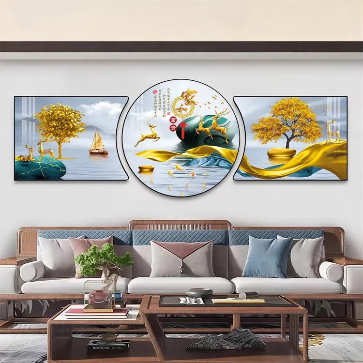 家和万事兴客厅背景墙挂画新中式沙发装饰画现代三联画镶钻晶瓷画