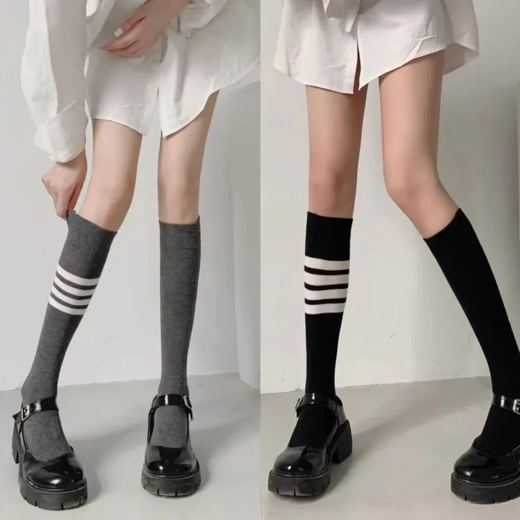 日系百搭少女感条纹AB学院风ins穿搭时尚洋气Jk减龄及膝小腿袜