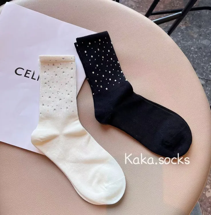 韩版满天星袜子重工烫钻纯色百搭洋气个性中筒女棉袜