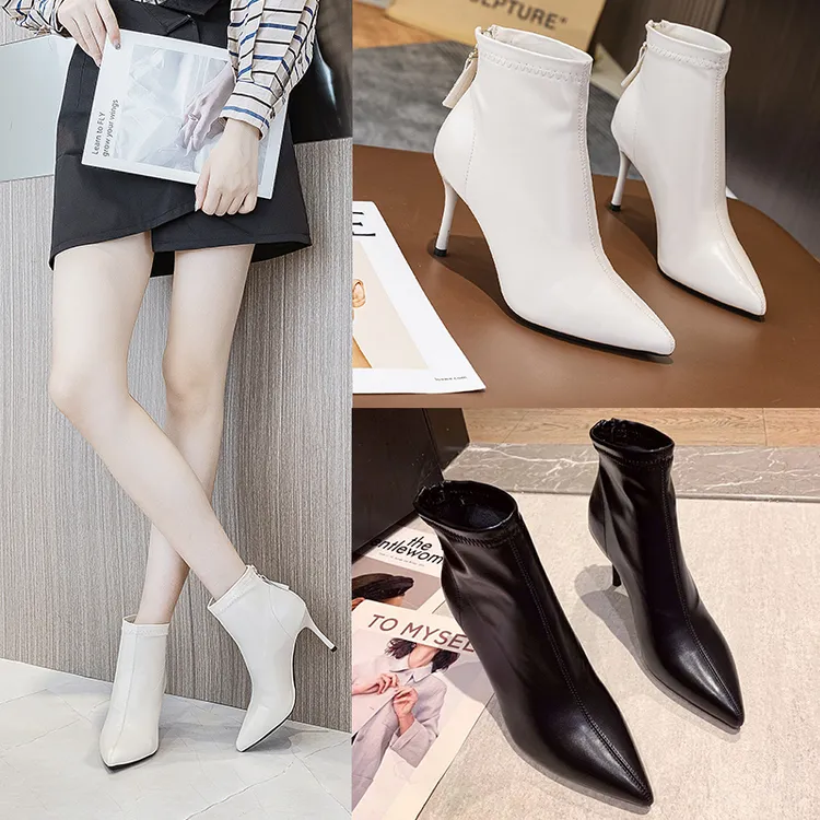 2025年新新款冬季软皮米白色细跟短靴女尖头瘦瘦靴百搭高跟鞋靴子