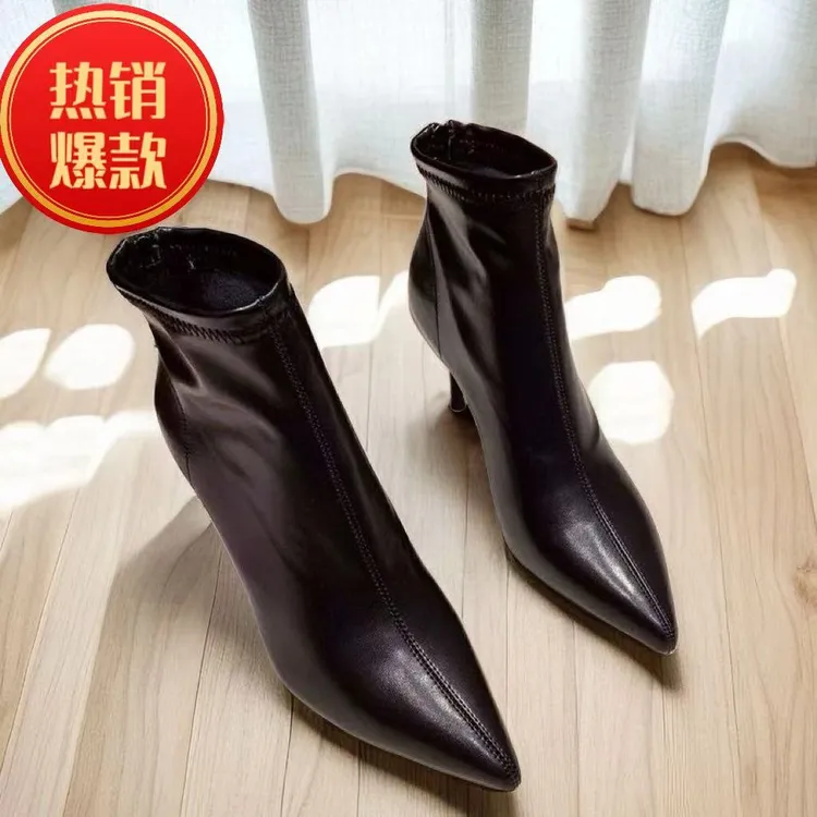 2024年秋冬百搭瘦瘦靴尖头高跟鞋马丁靴职业上班靴气质软皮短靴子