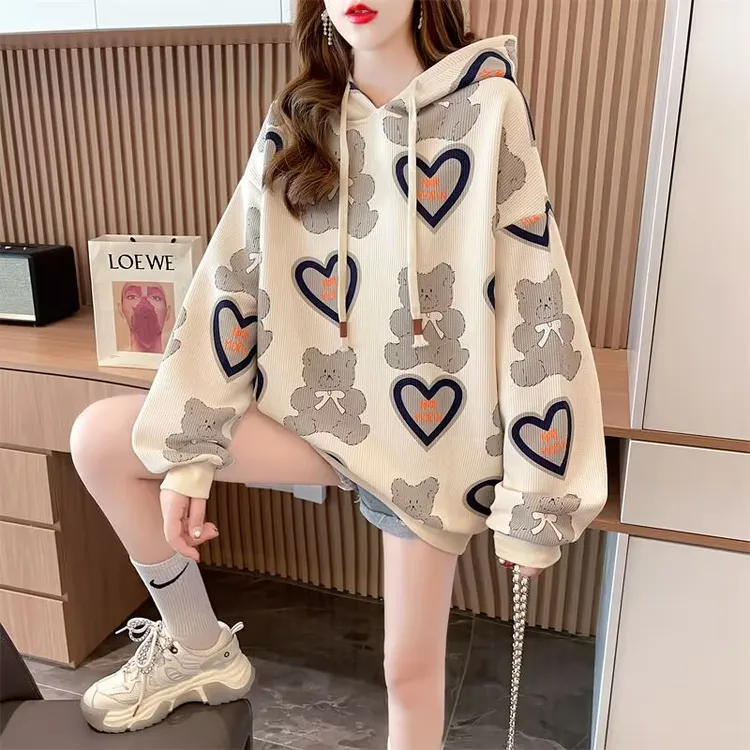 【粉丝专属】连帽卫衣女套头春秋中长款宽松洋气印花大码上衣女143