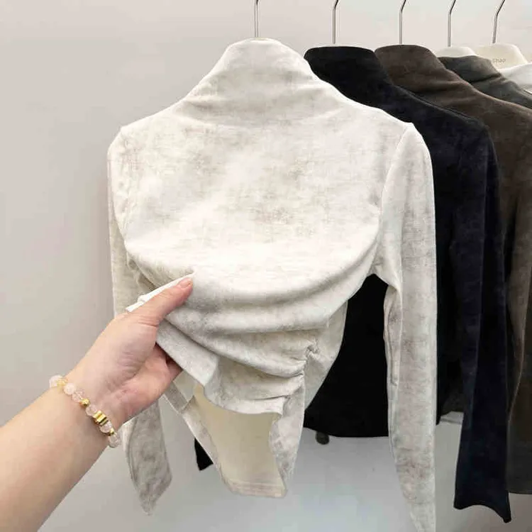 2025年新款小众正肩半高领褶皱收腰扎染长袖设计感德绒内搭上衣女