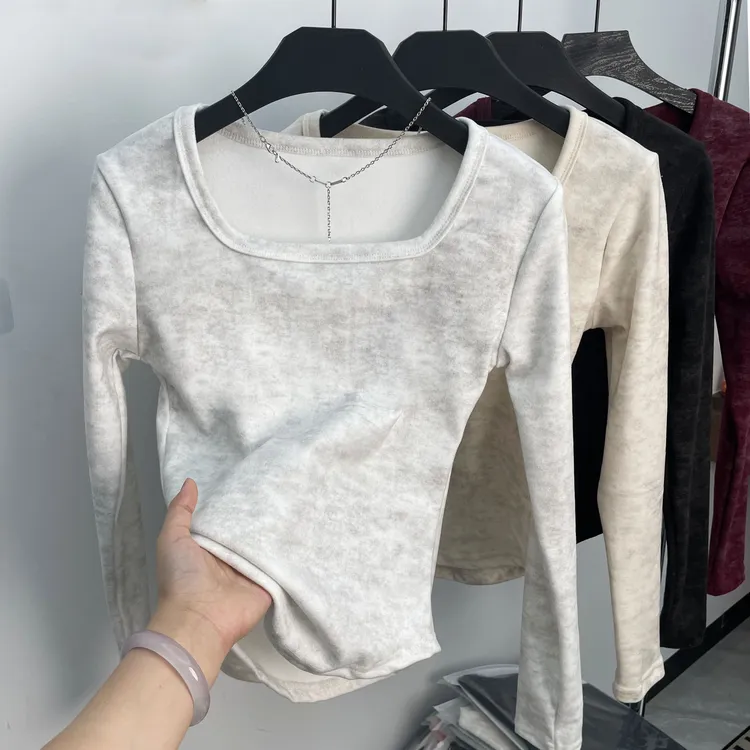 法式欧若风方领加厚收腰简约扎染打底上衣新款舒适内搭德绒长袖女