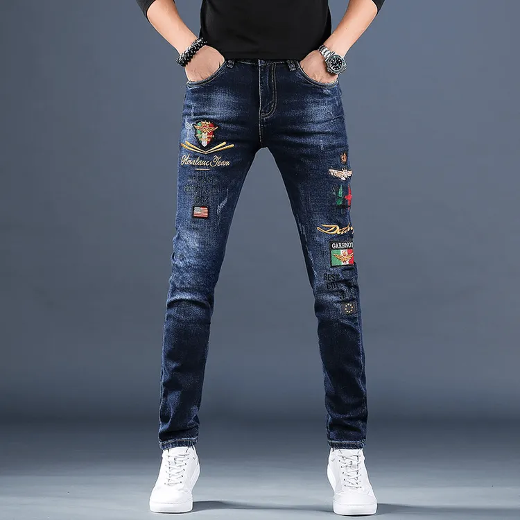 春夏款潮流牛仔裤修身小脚美式高街破洞裤子刺绣百搭休闲长裤薄款