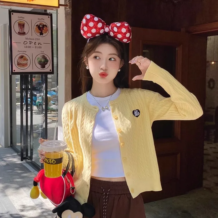 麻花黄色开衫女针织外套外搭2025春秋季新款春秋毛衣长袖短款上衣