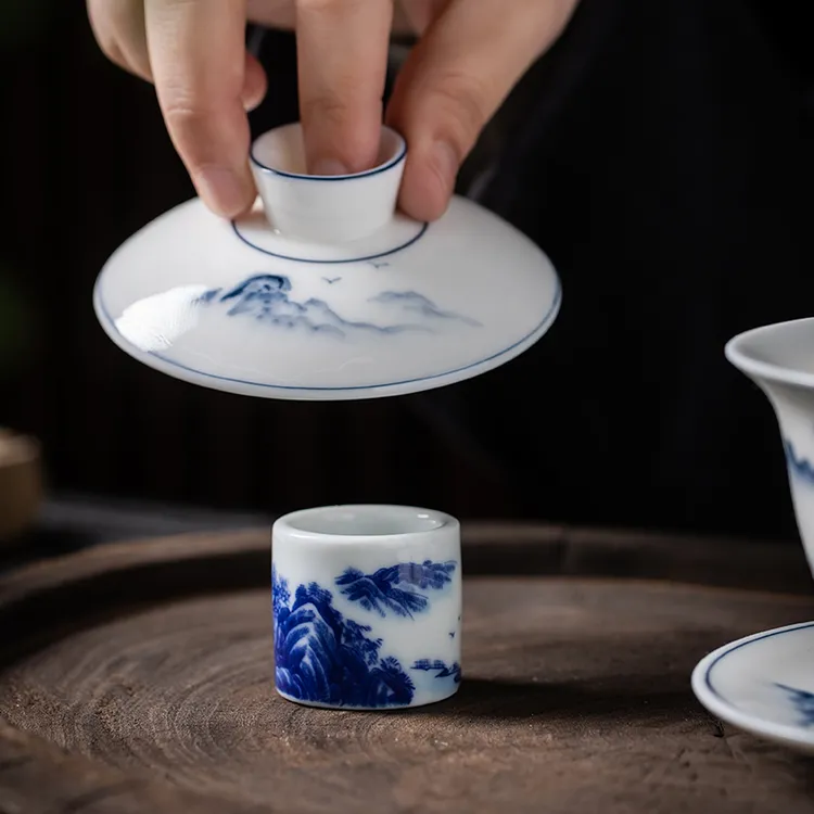 景德镇青花盖置高档青花手工满花壶盖托盖碗托家用陶瓷茶道配件