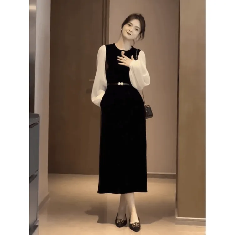 法式赫本风黑色假两件连衣裙女2025春季新款高级感收腰显瘦长裙子
