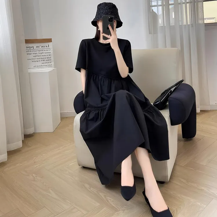 赫本风气质遮肉显瘦宽松连衣裙女2025夏季新款拼接时尚减龄小黑裙