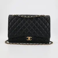 95新 Chanel/香奈儿 cf maxi黑色金扣羊皮斜挎包/单肩包/59013133