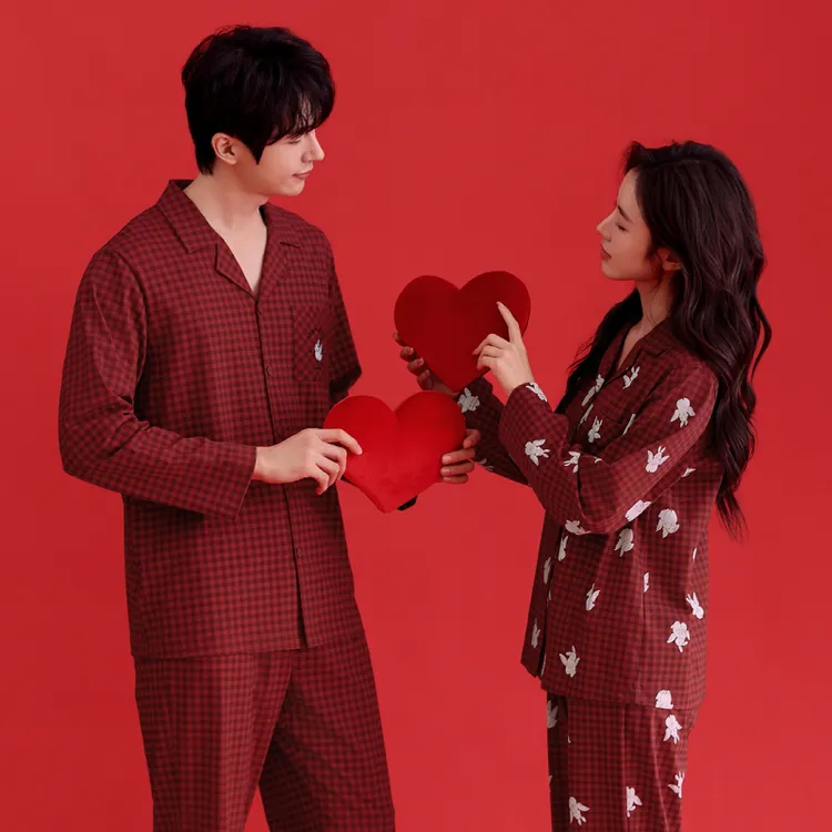 芬腾情侣睡衣女春秋款纯棉长袖红色新婚结婚男士家居服套装本命年