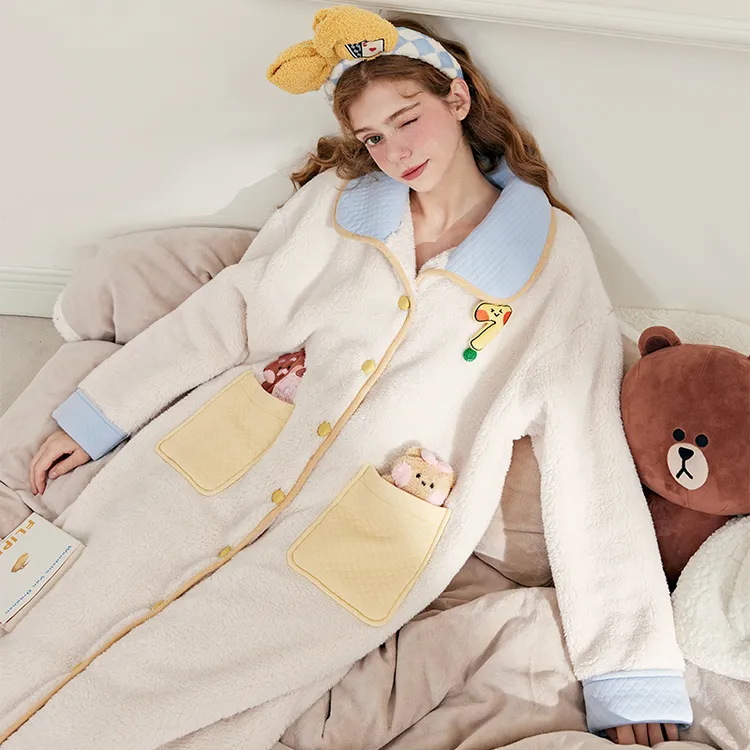 芬腾珊瑚绒女士睡袍秋冬季长袖保暖居家布朗熊睡衣可外穿加厚浴袍