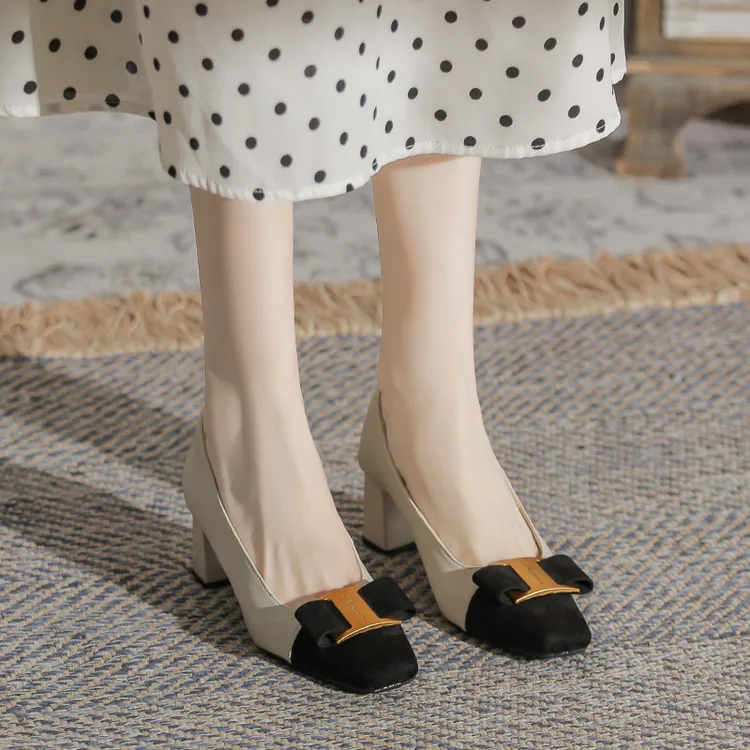 牛皮小香风粗跟单鞋女2024春秋新款气质拼色浅口法式中跟高跟鞋子