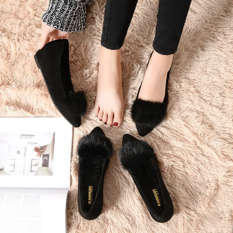 小码33内增高加绒水貂毛毛鞋女秋冬尖头豆豆鞋女单鞋平底坡跟棉鞋