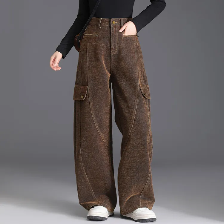 秋冬高品质雪尼尔高腰牛仔裤女宽松显瘦阔腿裤复古休闲裤时尚百搭