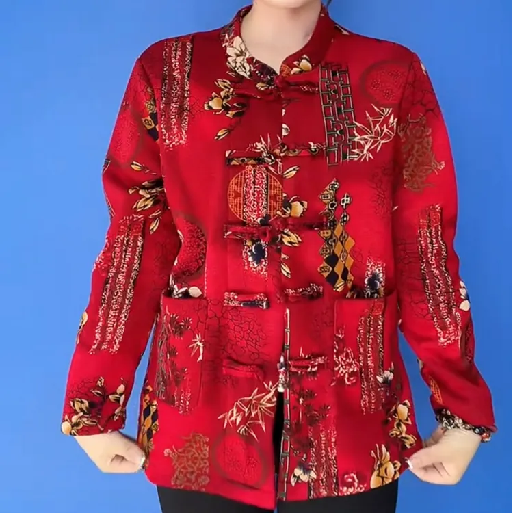 秋冬新款时尚加绒印花双兜开衫外套国风盘口设计减龄显瘦妈妈装