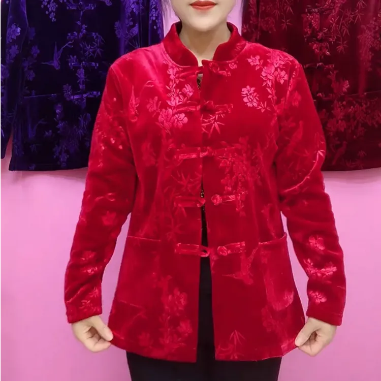 秋冬季时尚新款丝绒盘扣女士外套加绒印花宽松百搭减龄妈妈装