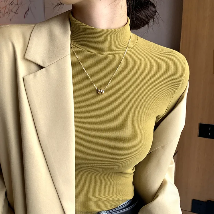 醉梓菡半高领加绒打底衫女秋冬长袖t恤修身外穿螺纹磨毛保暖上衣