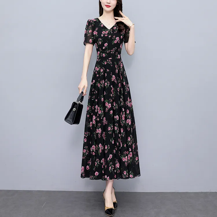 广州十三行裙子碎花真丝连衣裙女夏长款修身显瘦洋气质大摆长裙子