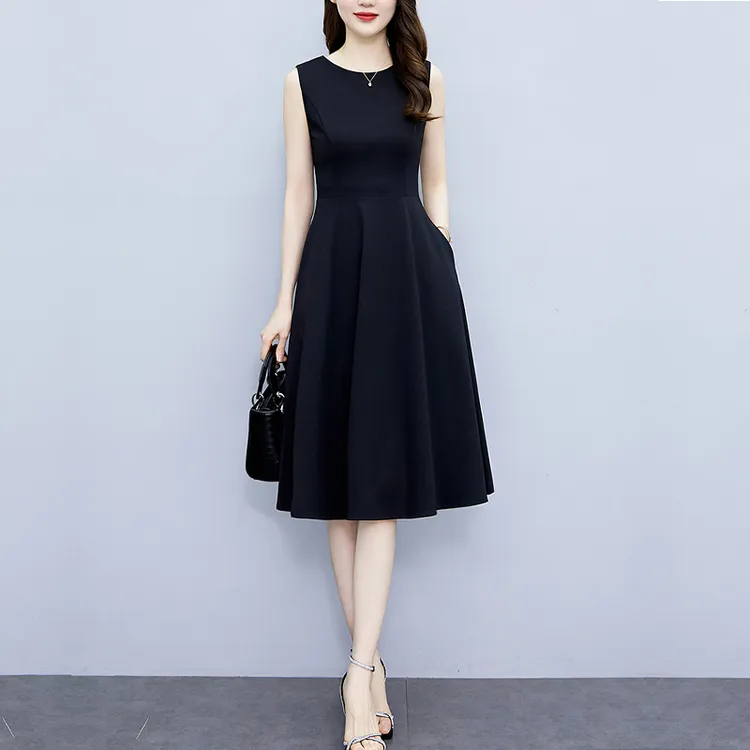 有口袋黑色无袖背心连衣裙夏季新款收腰显瘦小黑裙气质仙女长裙子