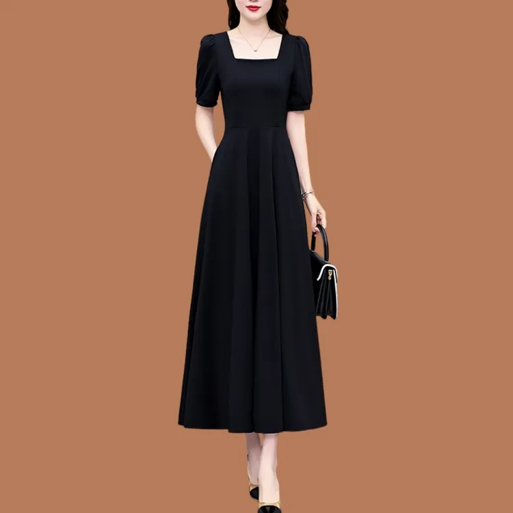 广州十三行黑色方领连衣裙2025新款夏季长款显瘦仙女大摆长裙子夏