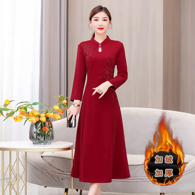 加绒喜婆婆红色旗袍连衣裙秋冬妈妈装婚宴礼服中长款修身加厚长裙