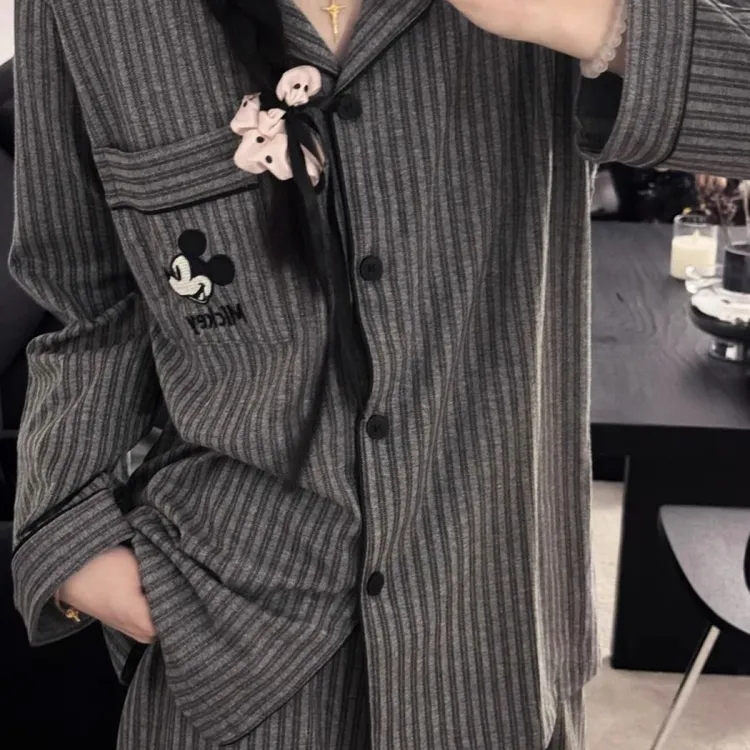 ins日系条纹米奇男女睡衣纯棉休闲长袖长裤春秋季情侣家居服套装