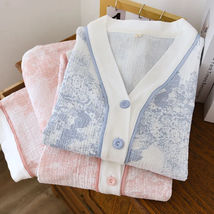 青花瓷少女套装纯棉纱布睡衣家居服春秋季泡泡纱长袖V领开衫高档