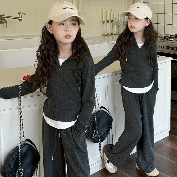 女童2025秋季休闲套装新款韩版洋气假两件连帽亲子装套装