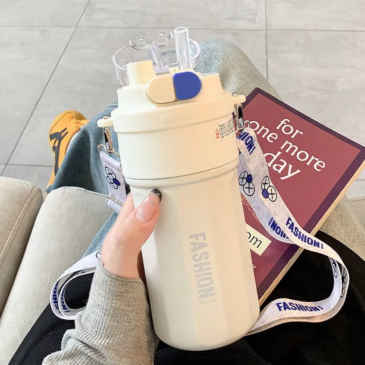 贝恒蒂双饮保温杯高颜值吸管女士水杯学生简约便携咖啡杯不锈钢