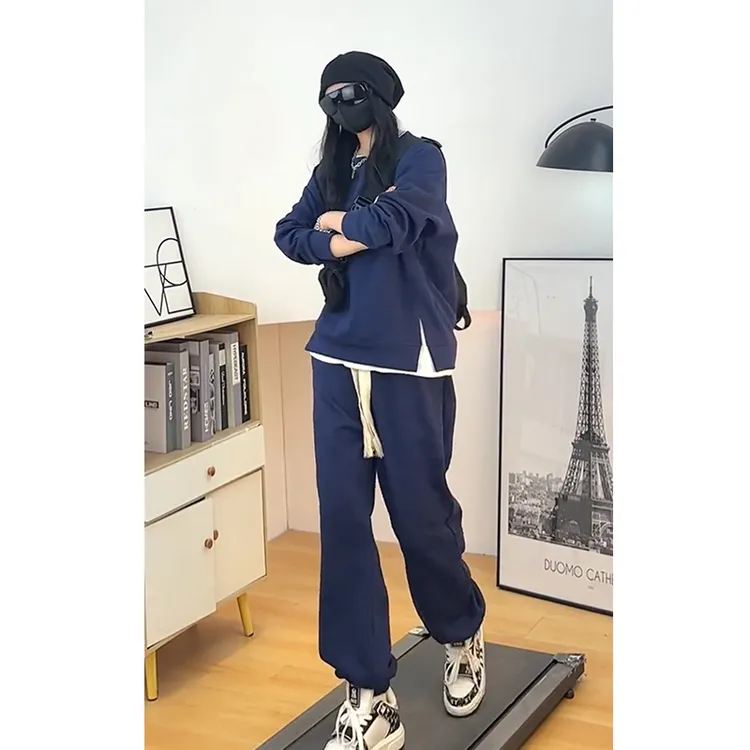 男士宽松运动套装情侣款纯色假两件圆领休闲百搭蓝色束脚卫裤套装