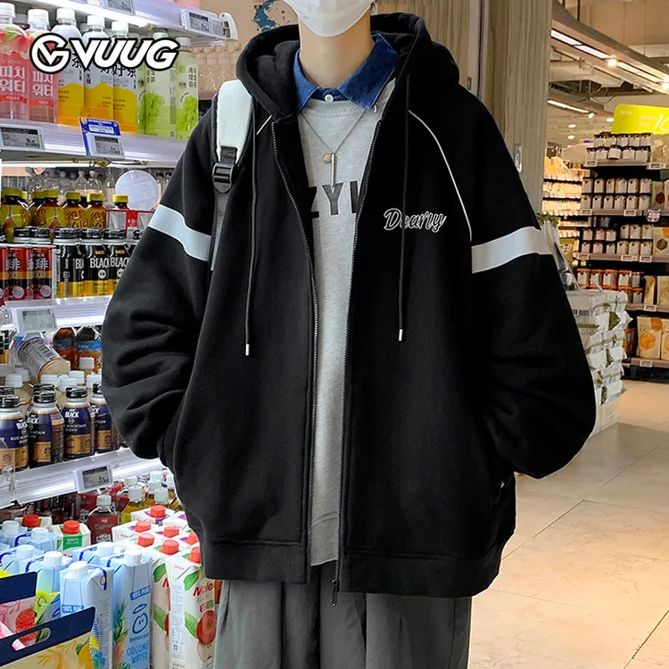 港风连帽开衫卫衣男士春秋季宽松百搭潮流拼接加厚情侣休闲外套