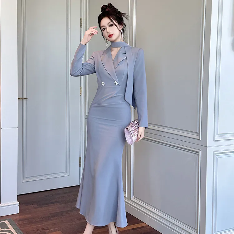 2024秋冬装新款成熟御姐风气质西装领修身包臀鱼尾连衣裙女61125