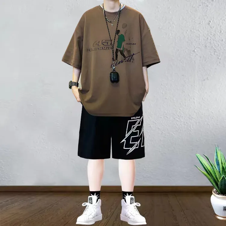 纯棉青少年300斤运动套装男夏短袖t恤新款高初中学生潮流帅气宽松