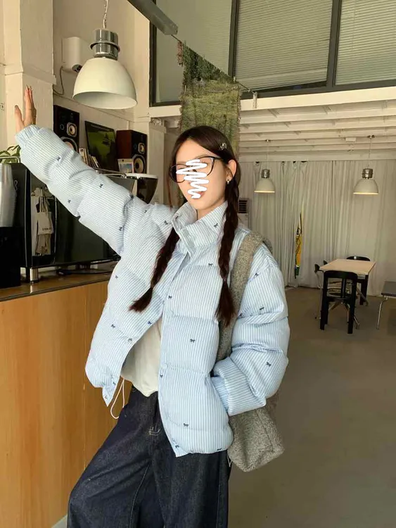 设计感蓝色条纹棉袄蝴蝶结棉服外套女秋冬保暖宽松立领面包服棉衣