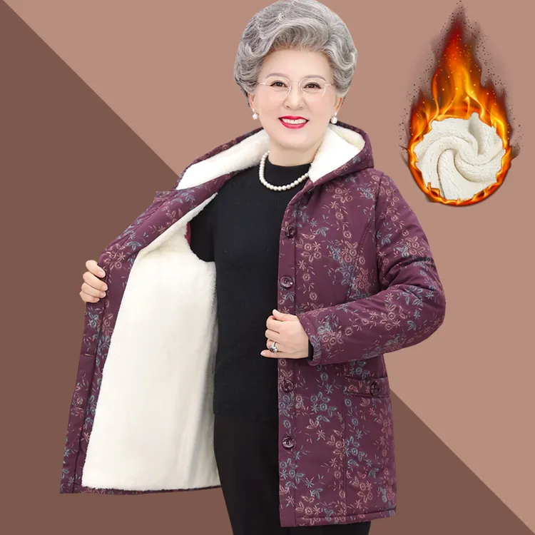 奶奶冬装棉衣外套女加绒加厚妈妈中长款连帽棉袄老人太太保暖衣服