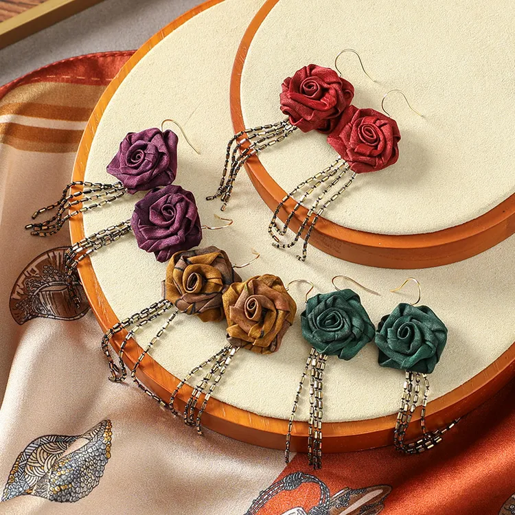 非金属布艺耳饰 【流苏玫瑰】桑蚕丝香云纱耳钩百搭民族风耳环1181