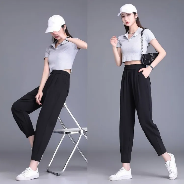 松紧腰休闲裤女夏季冰丝哈伦裤潮流显瘦九分高腰束脚西装裤夏季薄