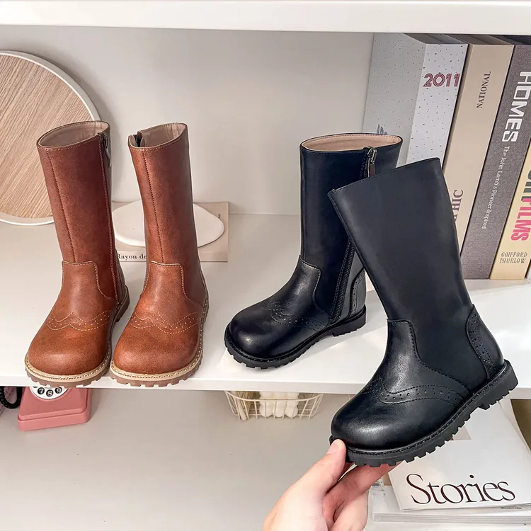 TAT 女童马丁靴复古英伦时尚风雕花长百搭高筒男童靴子加绒儿童靴