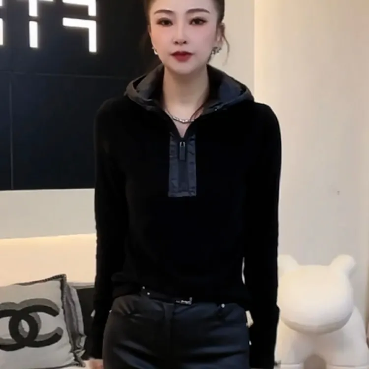 双面绒时尚洋气连帽拉链套头长袖上衣女秋冬新款百搭卫衣内搭显瘦