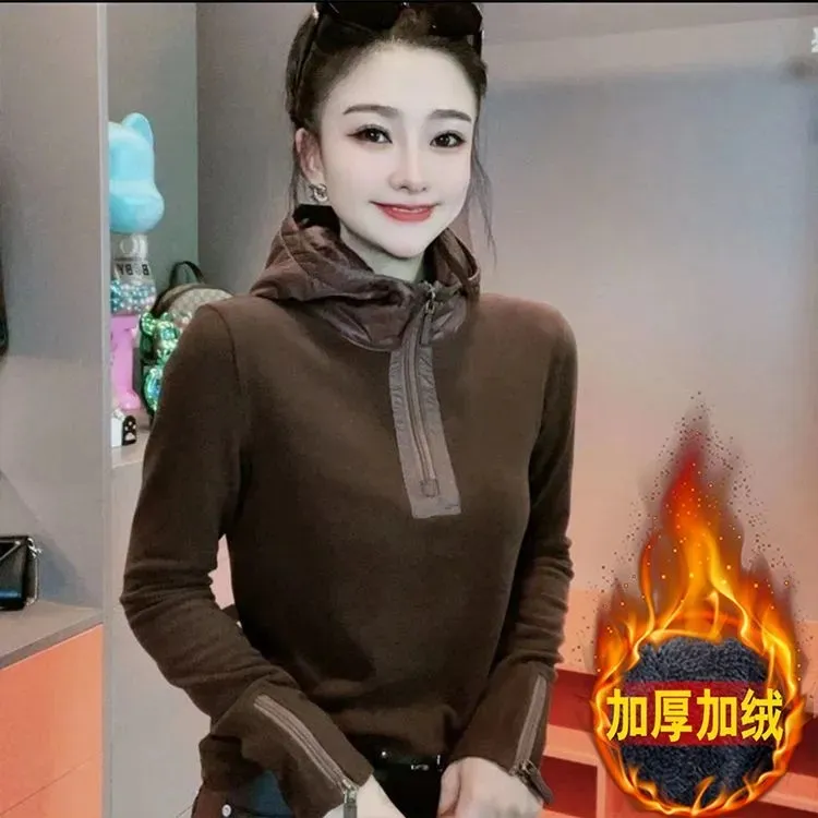 秋冬时尚气质设计感半拉链加绒加厚连帽上衣显瘦百搭遮肉休闲T恤
