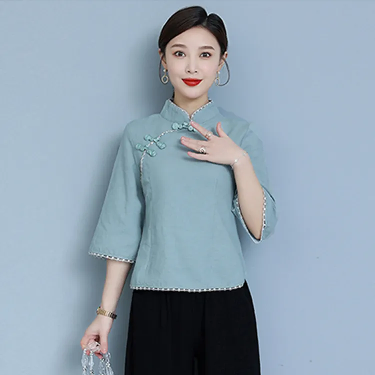 春夏季汉服禅意女装改良旗袍唐装上衣短款中国风复古茶艺服两件套