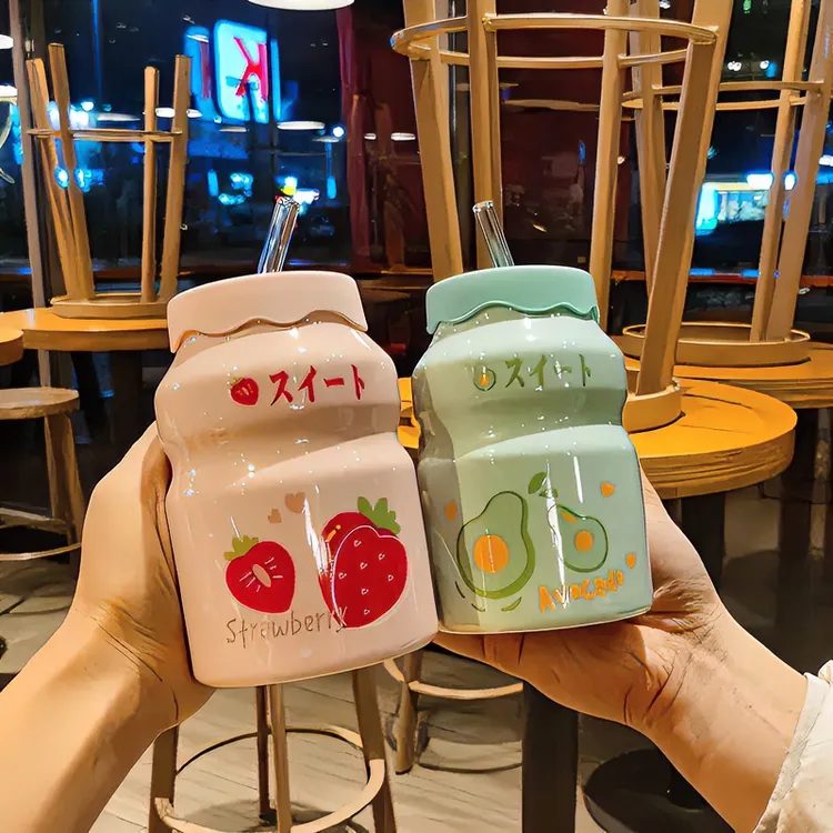 益力多吸管杯可爱马克杯ins大容量陶瓷水杯带盖少女心高颜值杯子