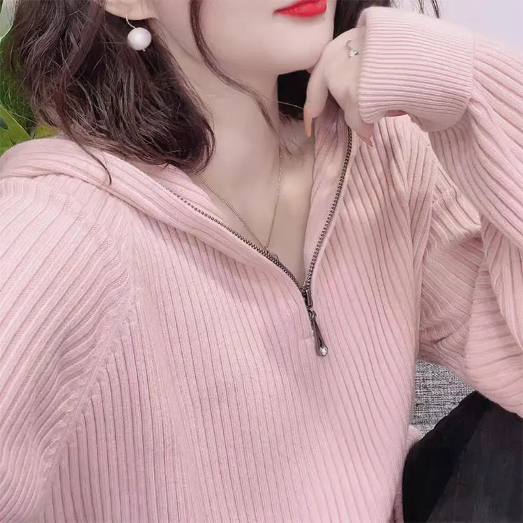 蓝卡缇秋冬加厚长袖连帽拉链打底时尚针织毛衣秋季套头百搭显瘦