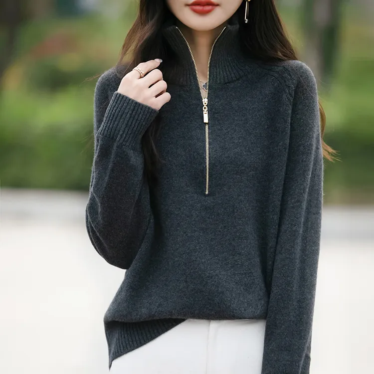 秋冬宽松气质长袖针织衫女2025新款时尚半拉链休闲百搭保暖上衣女